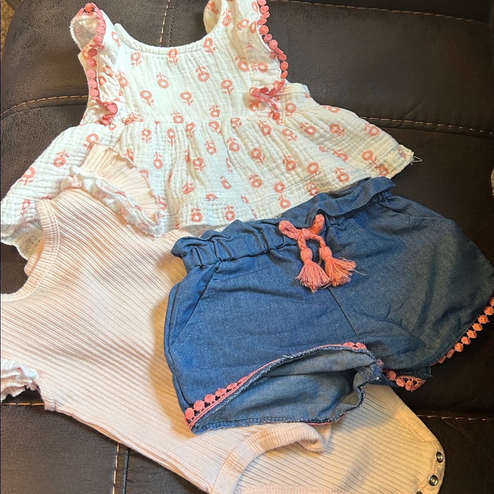 Baby Floral Top and Denim Shorts Set with a Body suit to Match